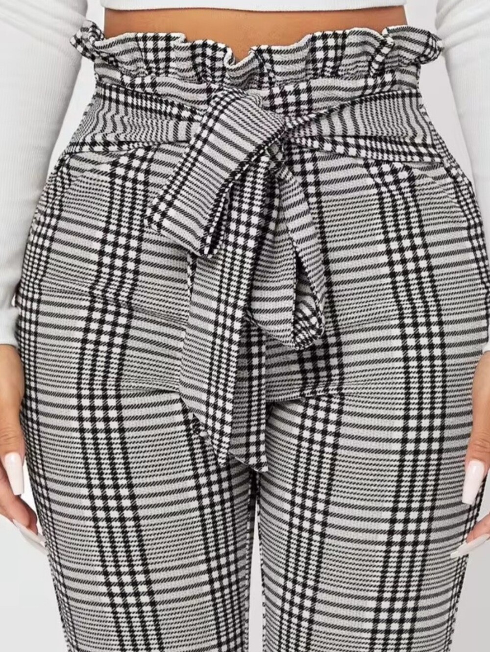 White-Black Plaid Women Pants